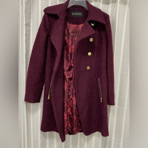 Guess‎ Los Angeles Fuzzy Pea Coat Wine Burgundy Size M - Picture 3 of 16